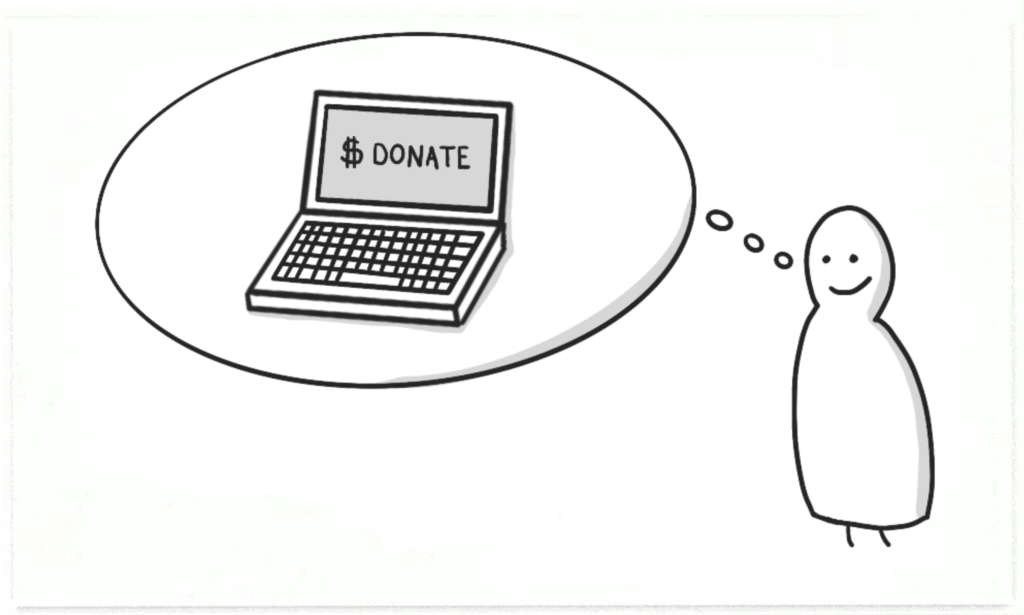 Illustration of a person with a thought bubble, "thinking" about getting to their laptop to donate